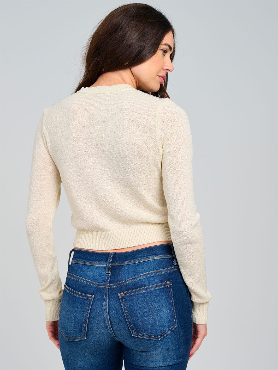 WOMEN'S LONG SLEEVE BUTTON CLOSURE SEQUINS FLORAL SWEATER