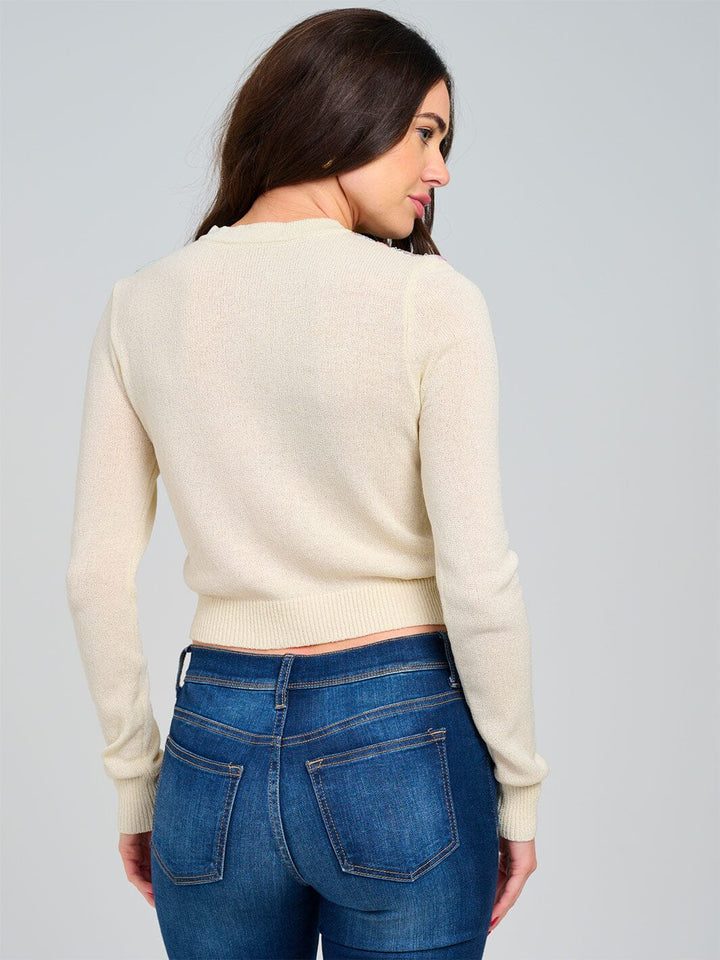 WOMEN'S LONG SLEEVE BUTTON CLOSURE SEQUINS FLORAL SWEATER