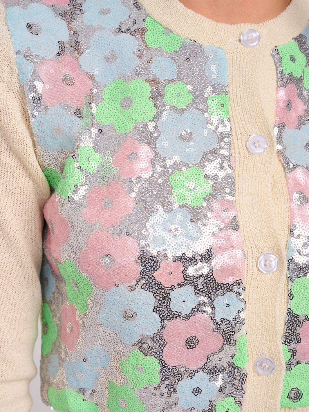 WOMEN'S LONG SLEEVE BUTTON CLOSURE SEQUINS FLORAL SWEATER