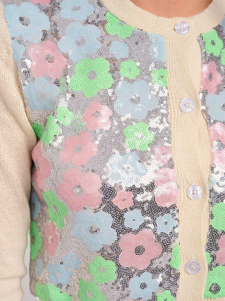 WOMEN'S LONG SLEEVE BUTTON CLOSURE SEQUINS FLORAL SWEATER