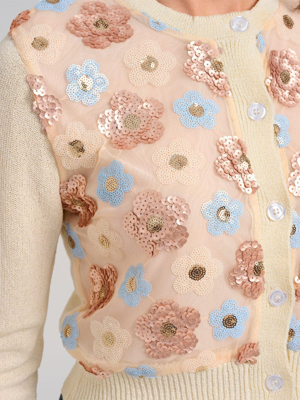 WOMEN'S LONG SLEEVE BUTTON CLOSURE SEQUINS FLORAL SWEATER