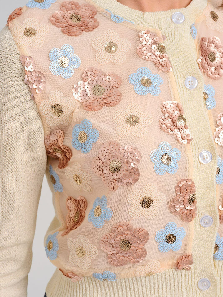 WOMEN'S LONG SLEEVE BUTTON CLOSURE SEQUINS FLORAL SWEATER