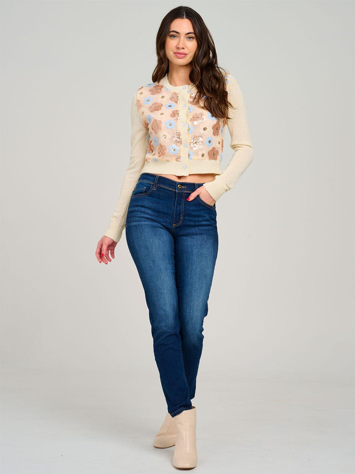 WOMEN'S LONG SLEEVE BUTTON CLOSURE SEQUINS FLORAL SWEATER