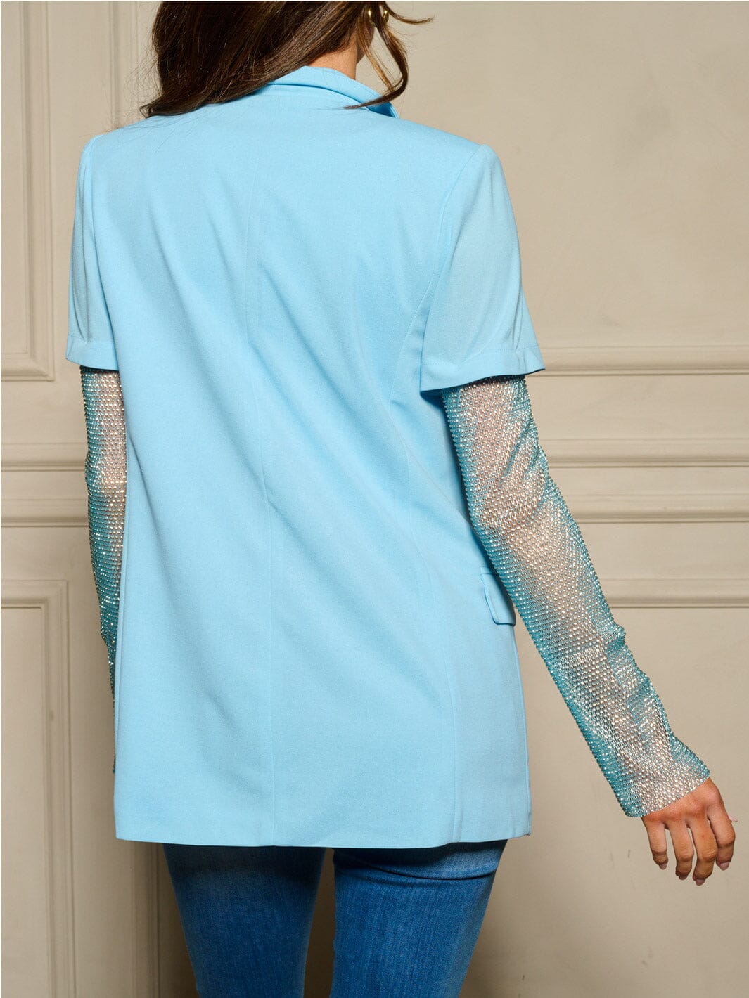 WOMEN'S LONG MESH STUDS SLEEVE OPEN FRONT BLAZER