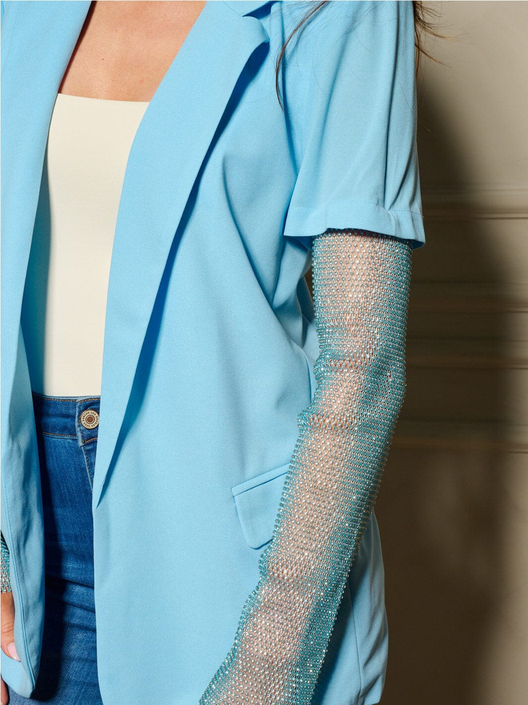 WOMEN'S LONG MESH STUDS SLEEVE OPEN FRONT BLAZER