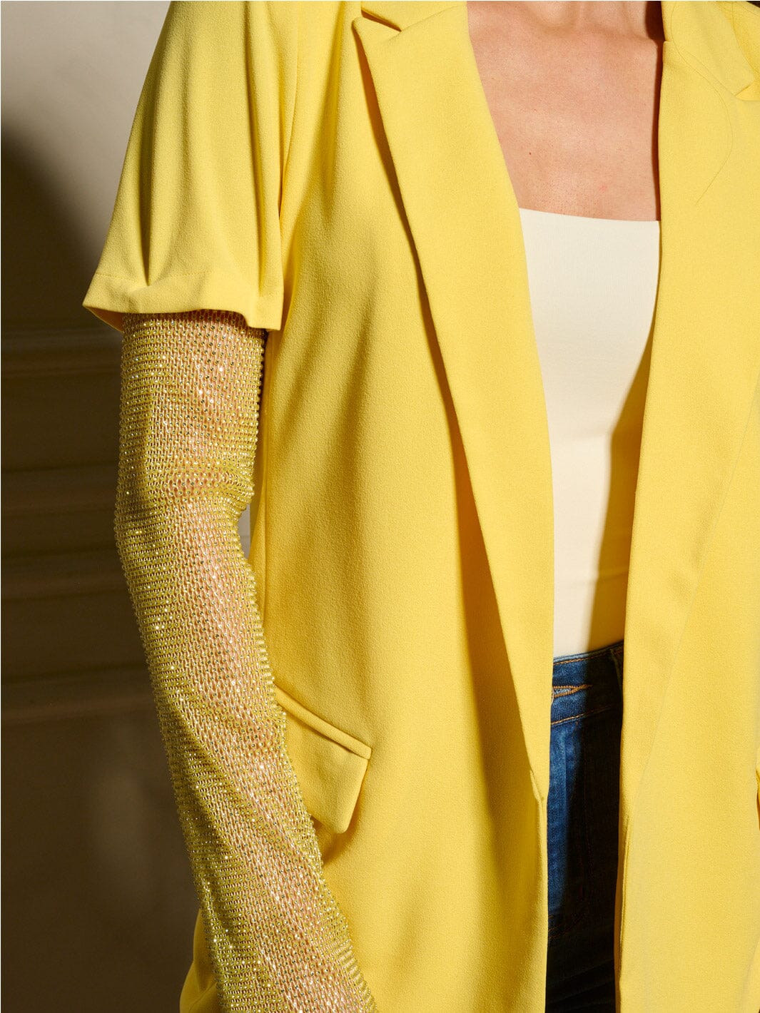 WOMEN'S LONG MESH STUDS SLEEVE OPEN FRONT BLAZER