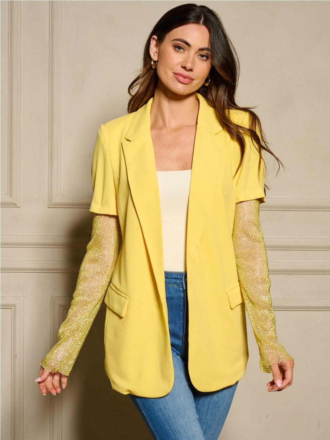 WOMEN'S LONG MESH STUDS SLEEVE OPEN FRONT BLAZER