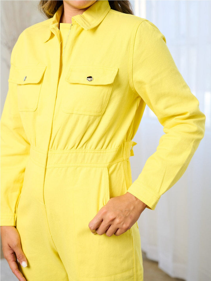 WOMEN'S LONG SLEEVES ZIP UP POCKETS WIDE LEG DENIM JUMPSUIT