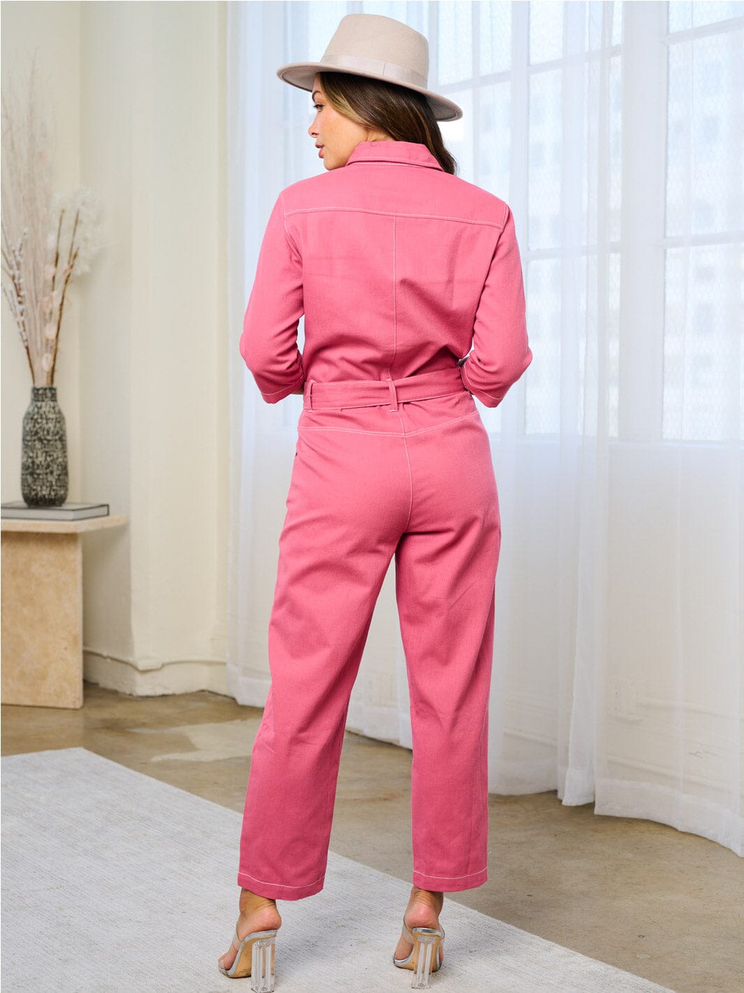 WOMEN'S 3/4 SLEEVES BUTTON UP POCKETS WIDE LEG DENIM JUMPSUIT