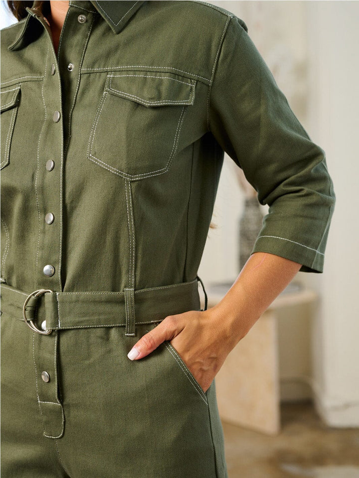 WOMEN'S 3/4 SLEEVES BUTTON UP POCKETS WIDE LEG DENIM JUMPSUIT