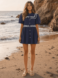 WOMEN'S SHORT PUFF SLEEVE BUTTON UP RUFFLE MINI DRESS