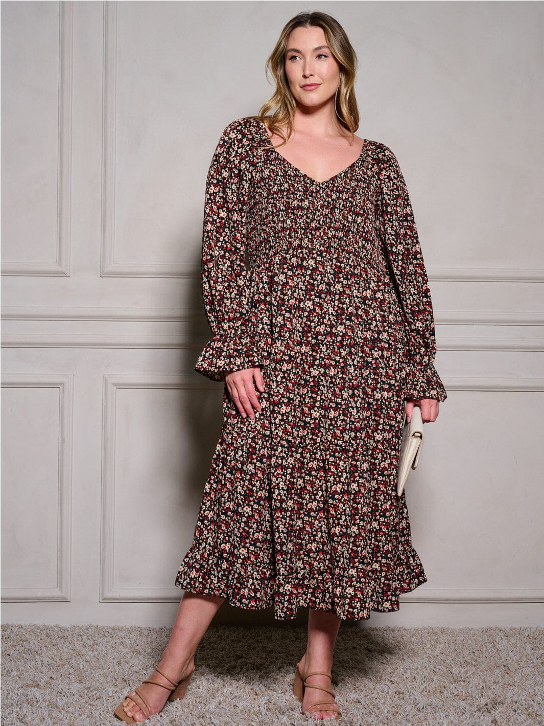 PLUS SIZE LONG SLEEVE V-NECK SMOCK FLORAL MAXI DRESS