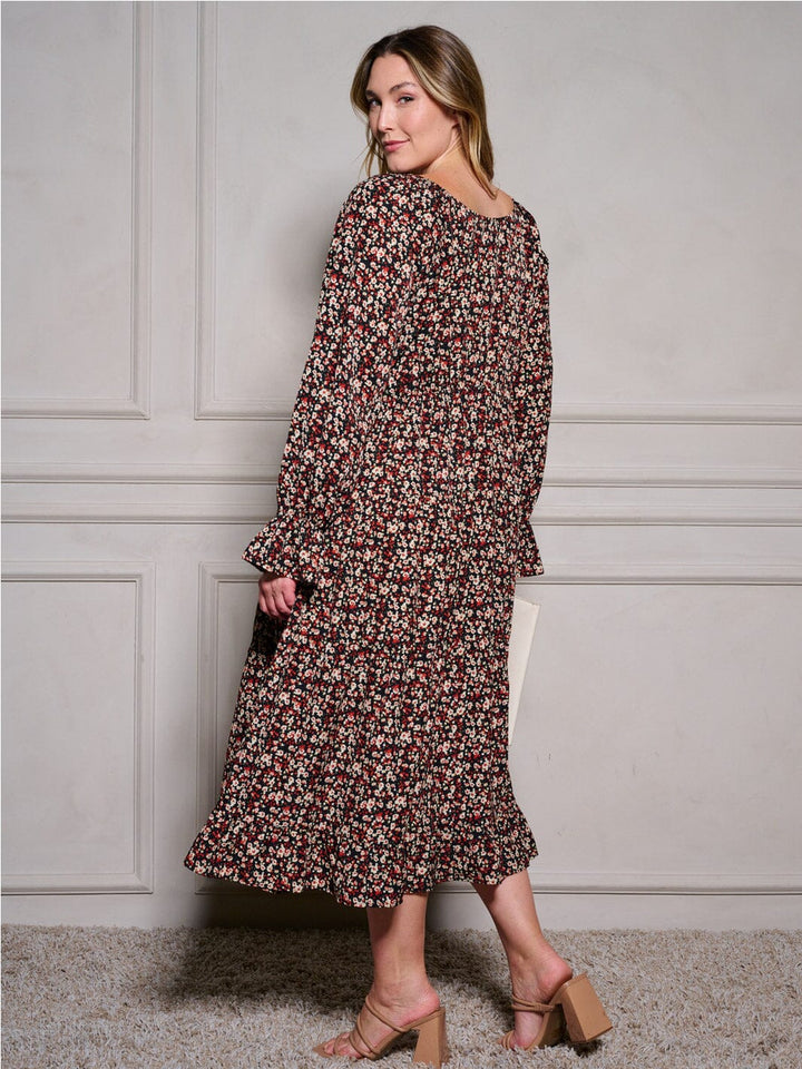 PLUS SIZE LONG SLEEVE V-NECK SMOCK FLORAL MAXI DRESS