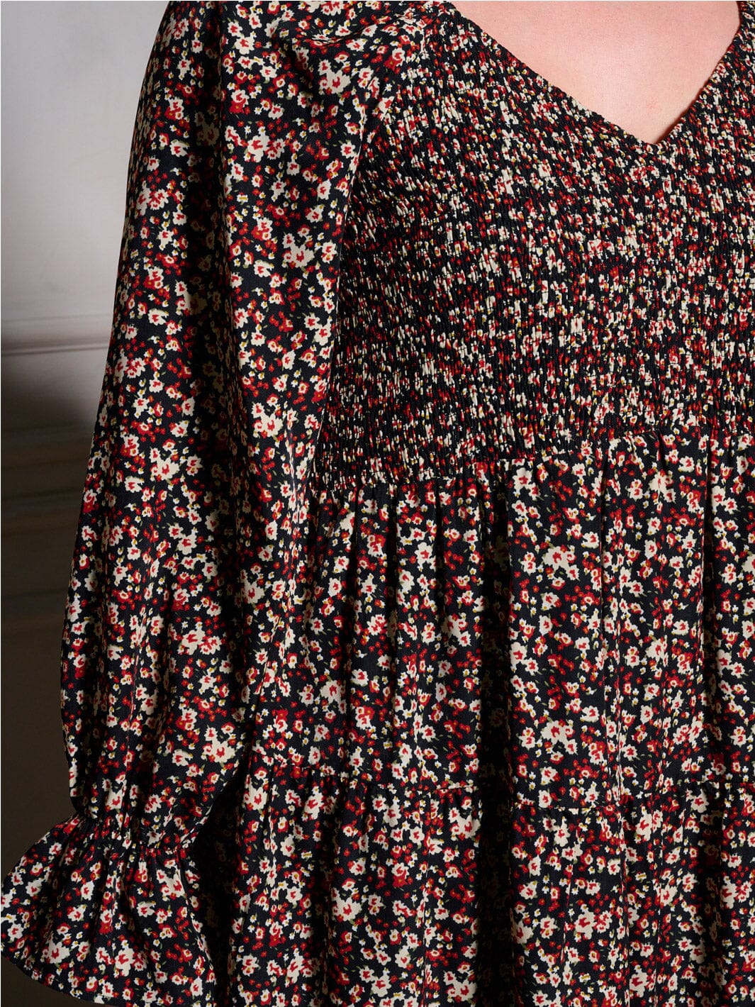 PLUS SIZE LONG SLEEVE V-NECK SMOCK FLORAL MAXI DRESS
