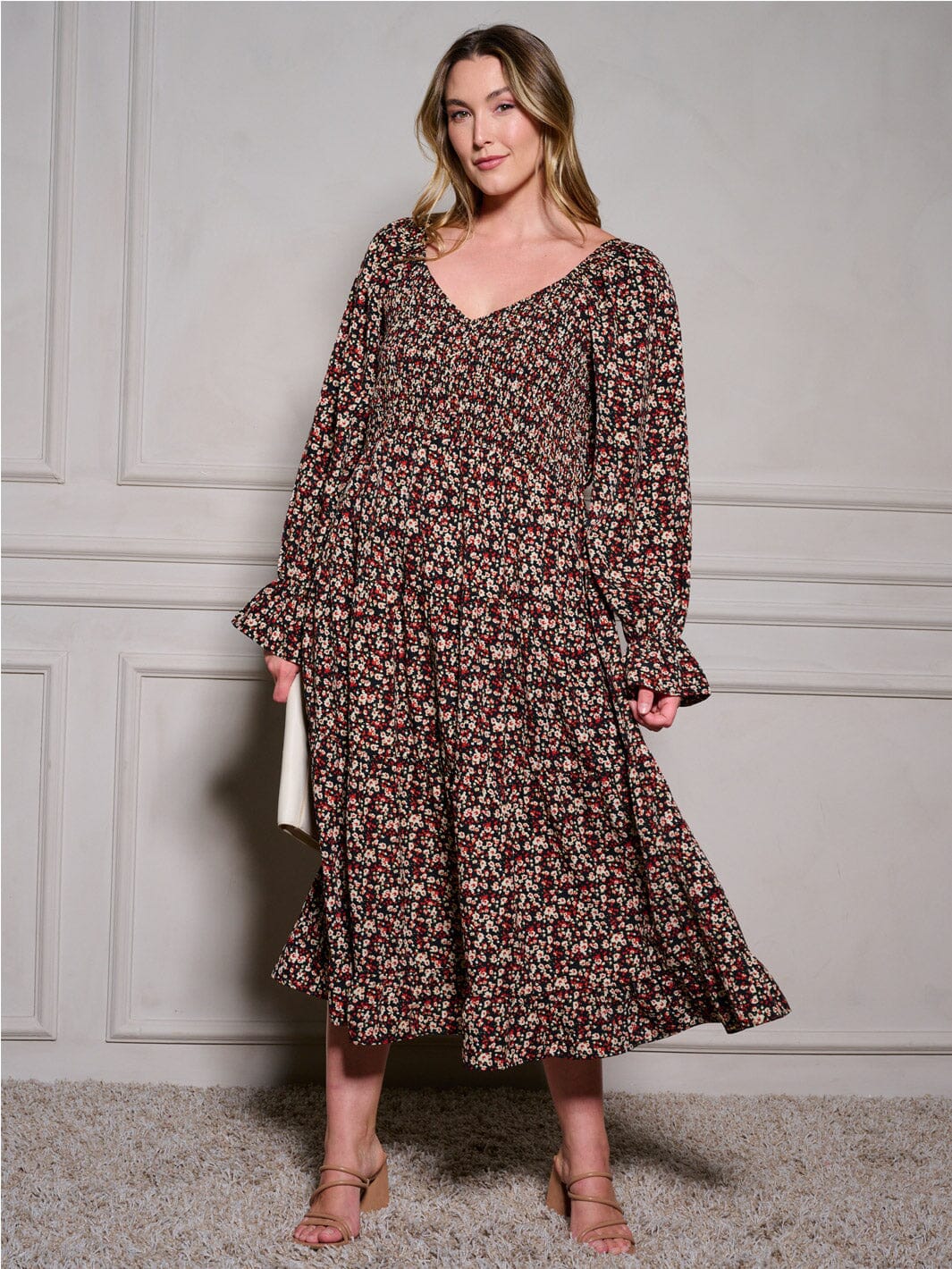 PLUS SIZE LONG SLEEVE V-NECK SMOCK FLORAL MAXI DRESS