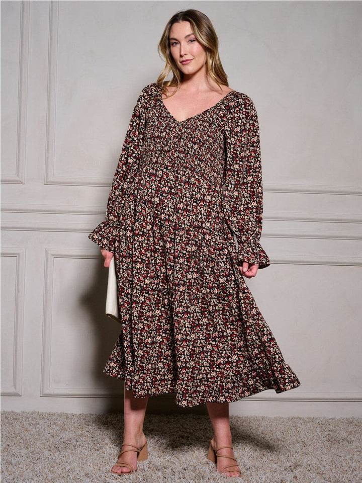 PLUS SIZE LONG SLEEVE V-NECK SMOCK FLORAL MAXI DRESS