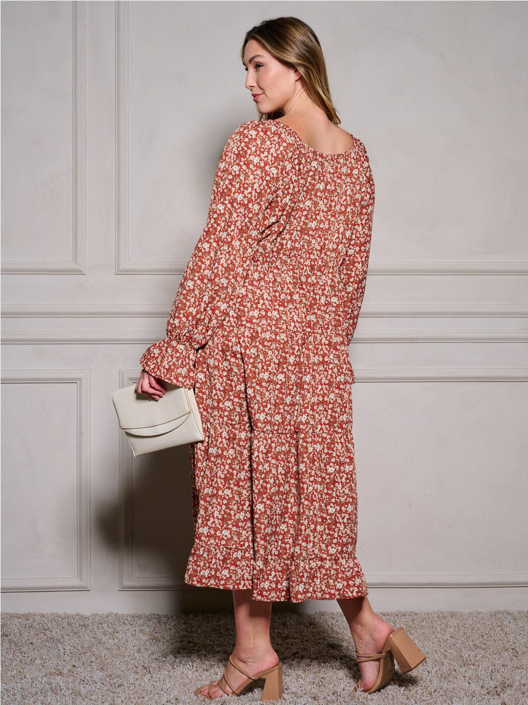 PLUS SIZE LONG SLEEVE V-NECK SMOCK FLORAL MAXI DRESS