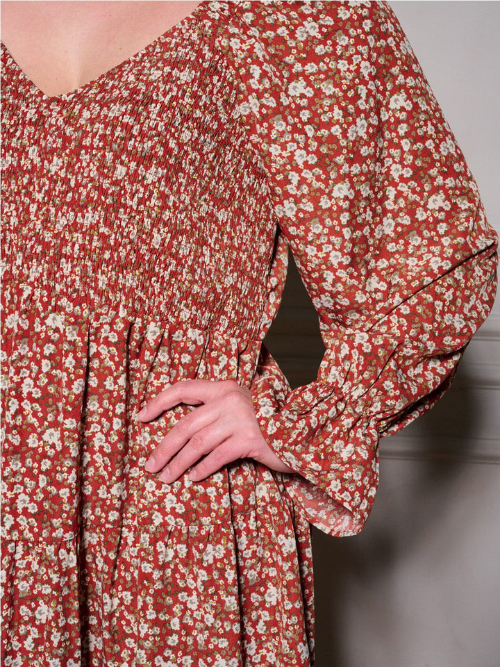 PLUS SIZE LONG SLEEVE V-NECK SMOCK FLORAL MAXI DRESS