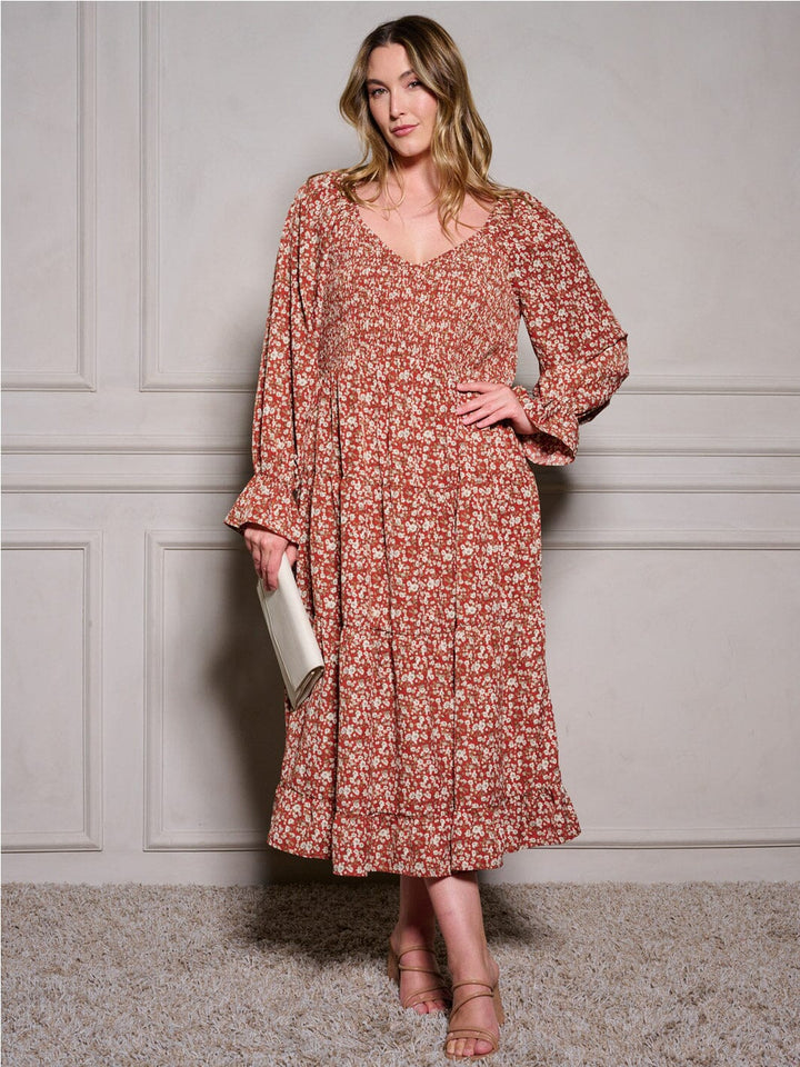 PLUS SIZE LONG SLEEVE V-NECK SMOCK FLORAL MAXI DRESS
