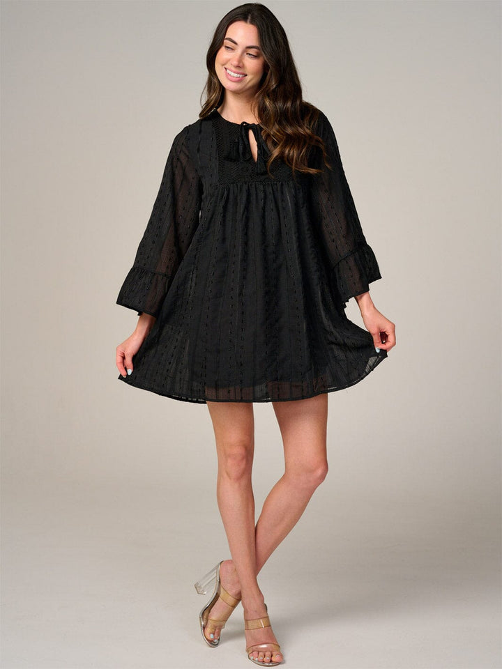 WOMEN'S LONG SLEEVE V-NECK SWISS DETAILED TUNIC MINI DRESS