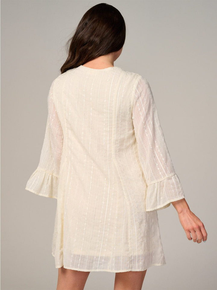 WOMEN'S LONG SLEEVE V-NECK SWISS DETAILED TUNIC MINI DRESS