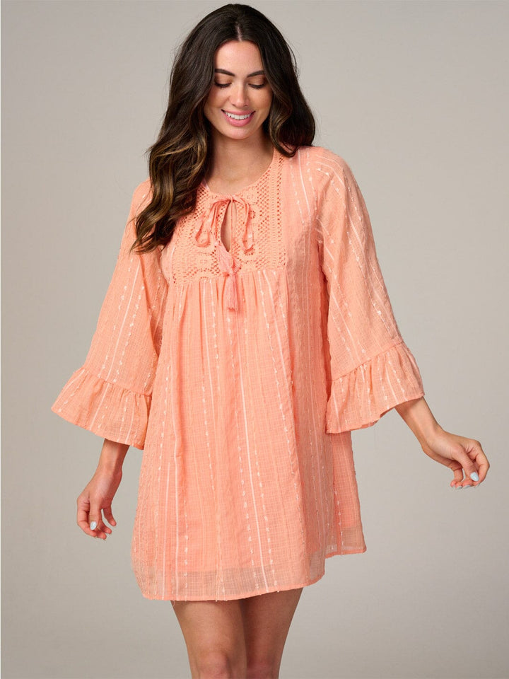 WOMEN'S LONG SLEEVE V-NECK SWISS DETAILED TUNIC MINI DRESS