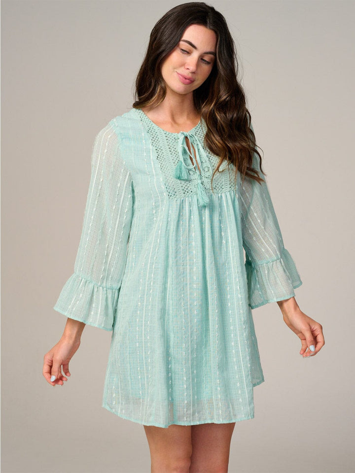 WOMEN'S LONG SLEEVE V-NECK SWISS DETAILED TUNIC MINI DRESS