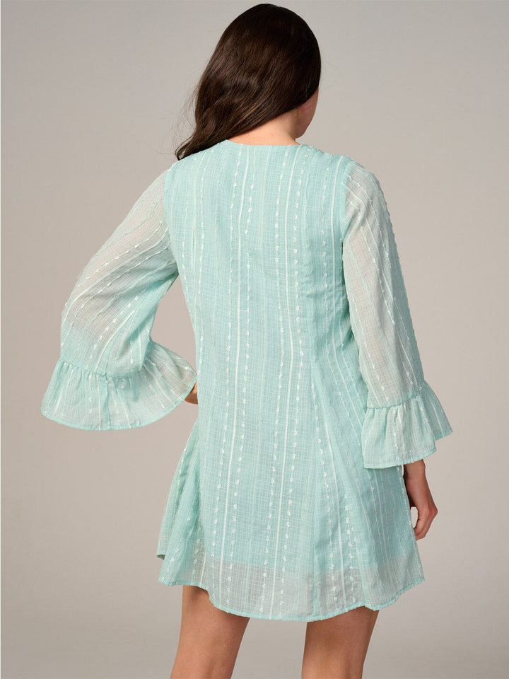 WOMEN'S LONG SLEEVE V-NECK SWISS DETAILED TUNIC MINI DRESS