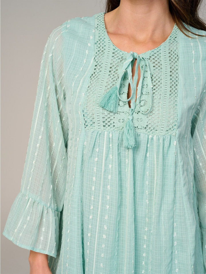 WOMEN'S LONG SLEEVE V-NECK SWISS DETAILED TUNIC MINI DRESS
