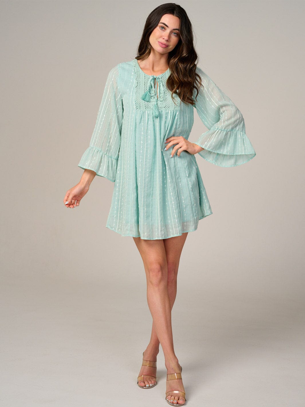 WOMEN'S LONG SLEEVE V-NECK SWISS DETAILED TUNIC MINI DRESS