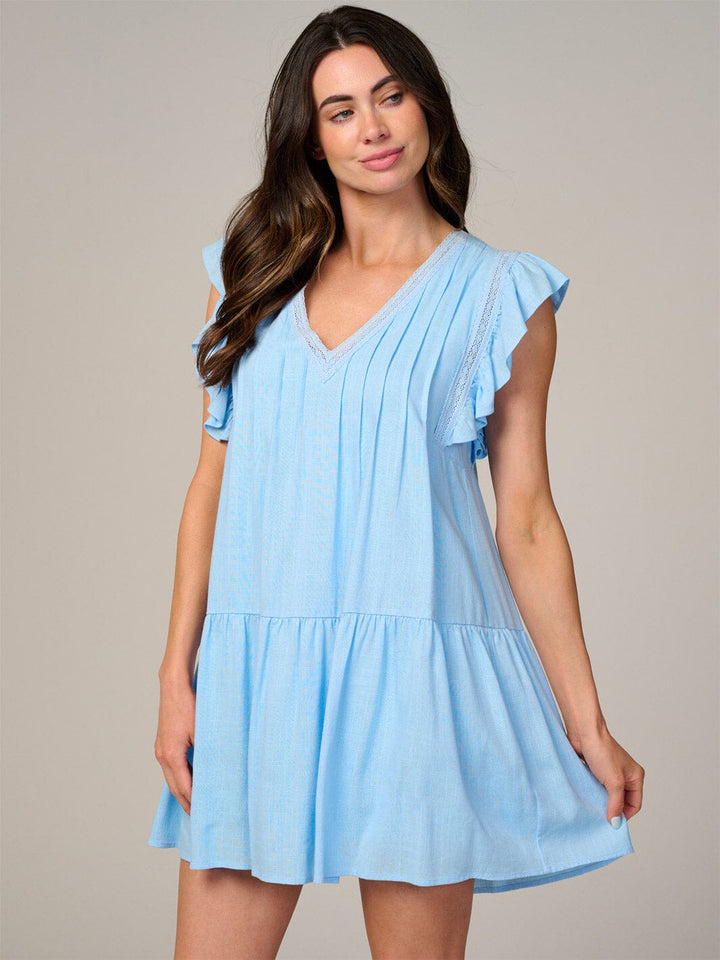 WOMEN'S RUFFLE SLEEVE V-NECK TIERED TUNIC MINI DRESS