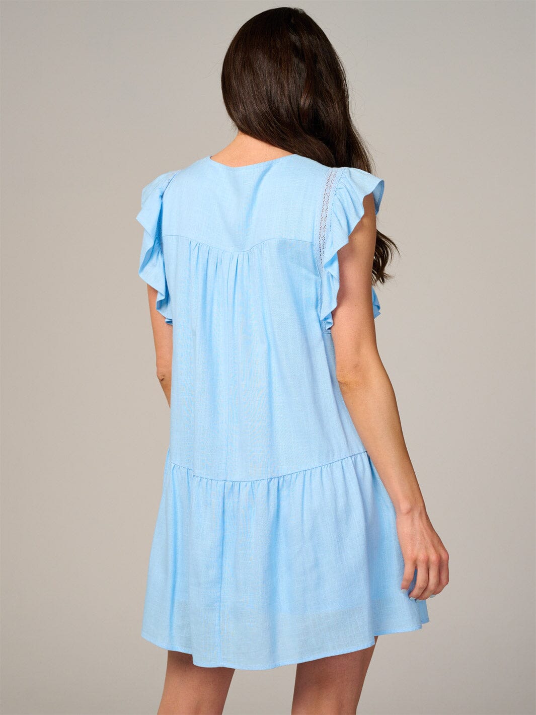 WOMEN'S RUFFLE SLEEVE V-NECK TIERED TUNIC MINI DRESS