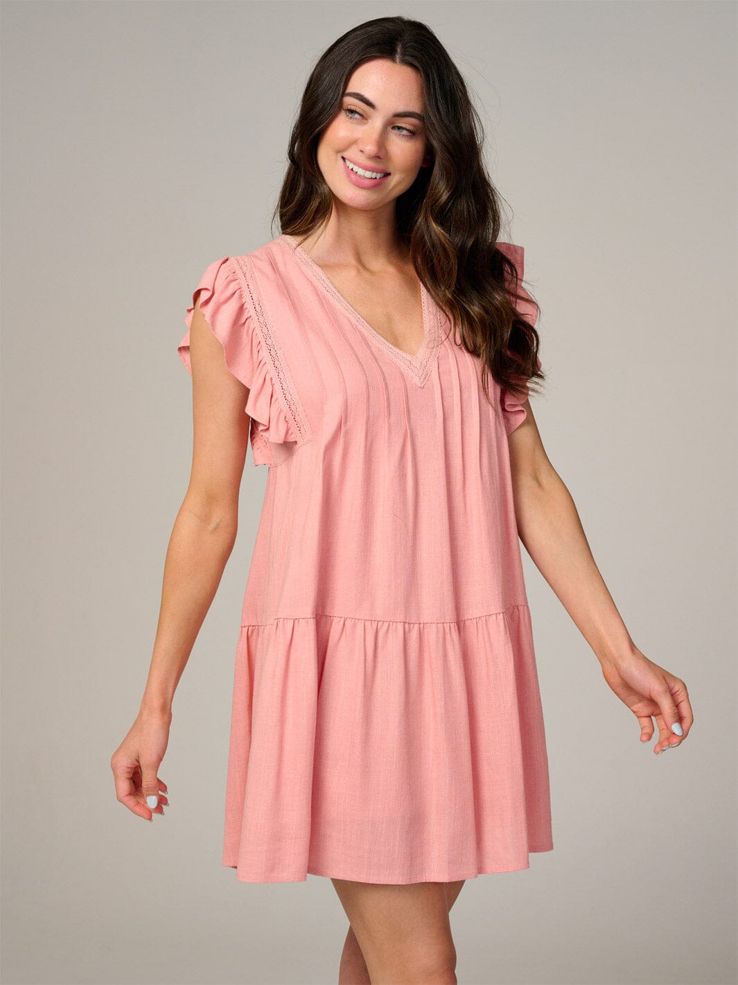 WOMEN'S RUFFLE SLEEVE V-NECK TIERED TUNIC MINI DRESS