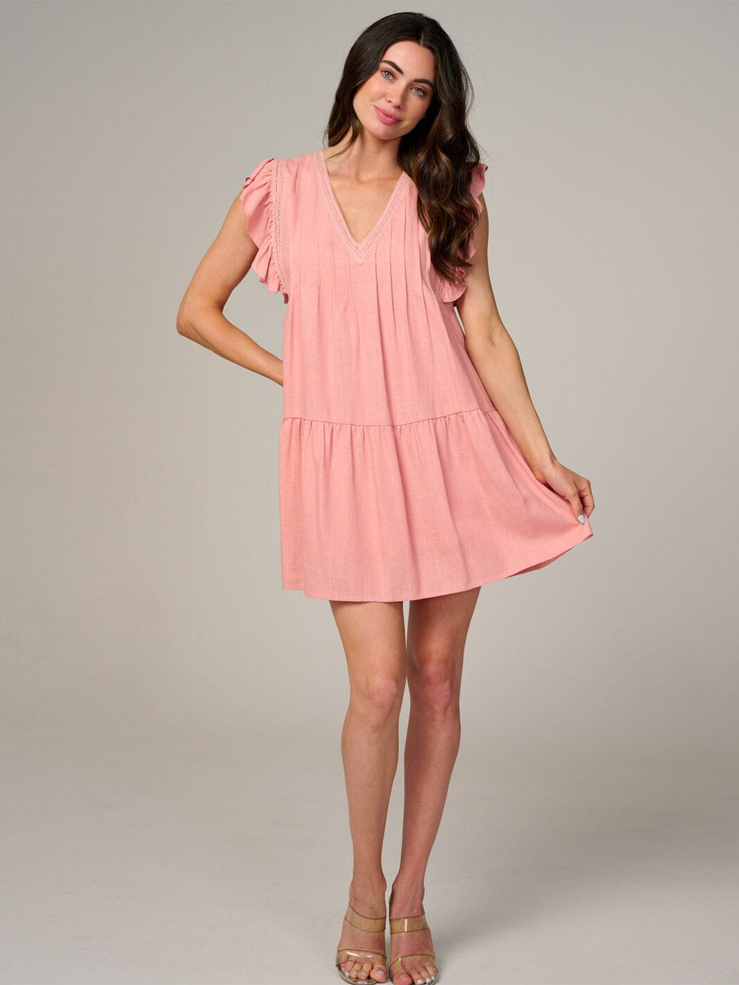 WOMEN'S RUFFLE SLEEVE V-NECK TIERED TUNIC MINI DRESS