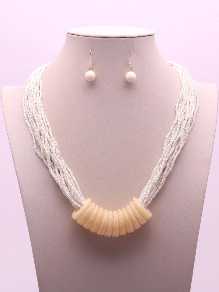 WOMEN'S WHITE BEADS EARRINGS & NECKLACE SET