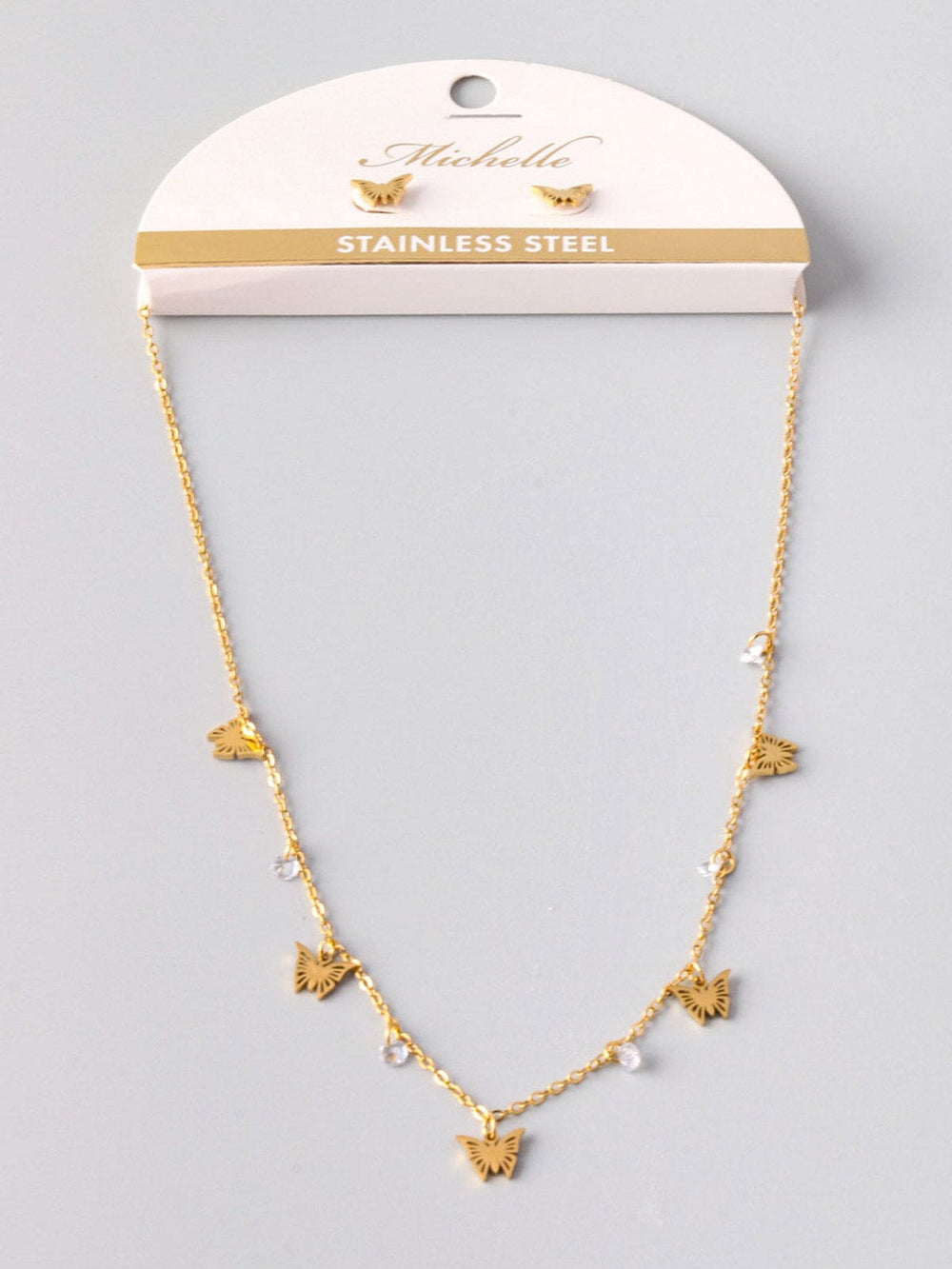 FASHION STAINLESS STEEL BUTTERFLY EARRINGS & NECKLACE SET