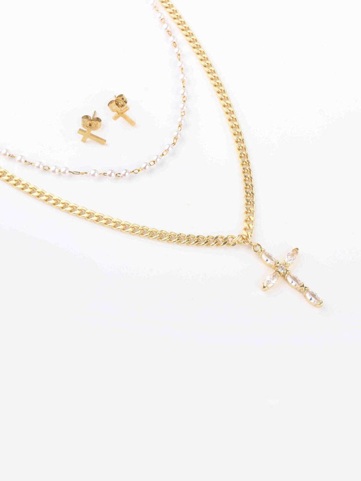 WOMEN'S GOLD CROSS EARRINGS & NECKLACE SET