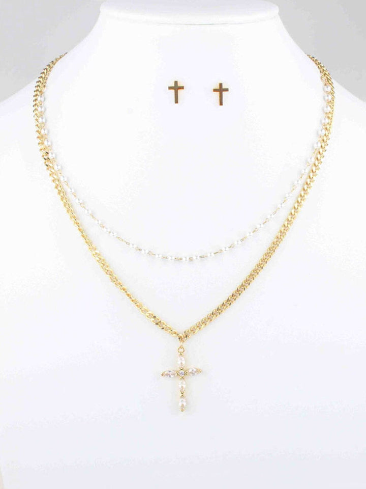 WOMEN'S GOLD CROSS EARRINGS & NECKLACE SET
