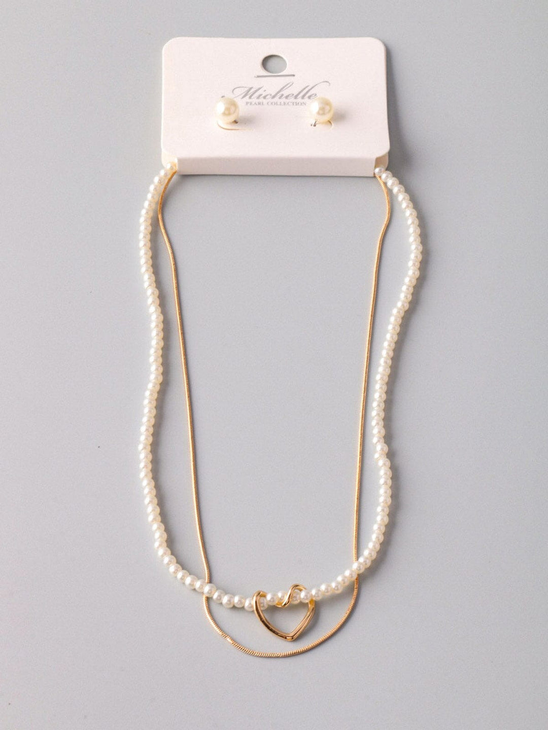 WOMEN'S GOLD PEARL & HEART EARRINGS & NECKLACE SET