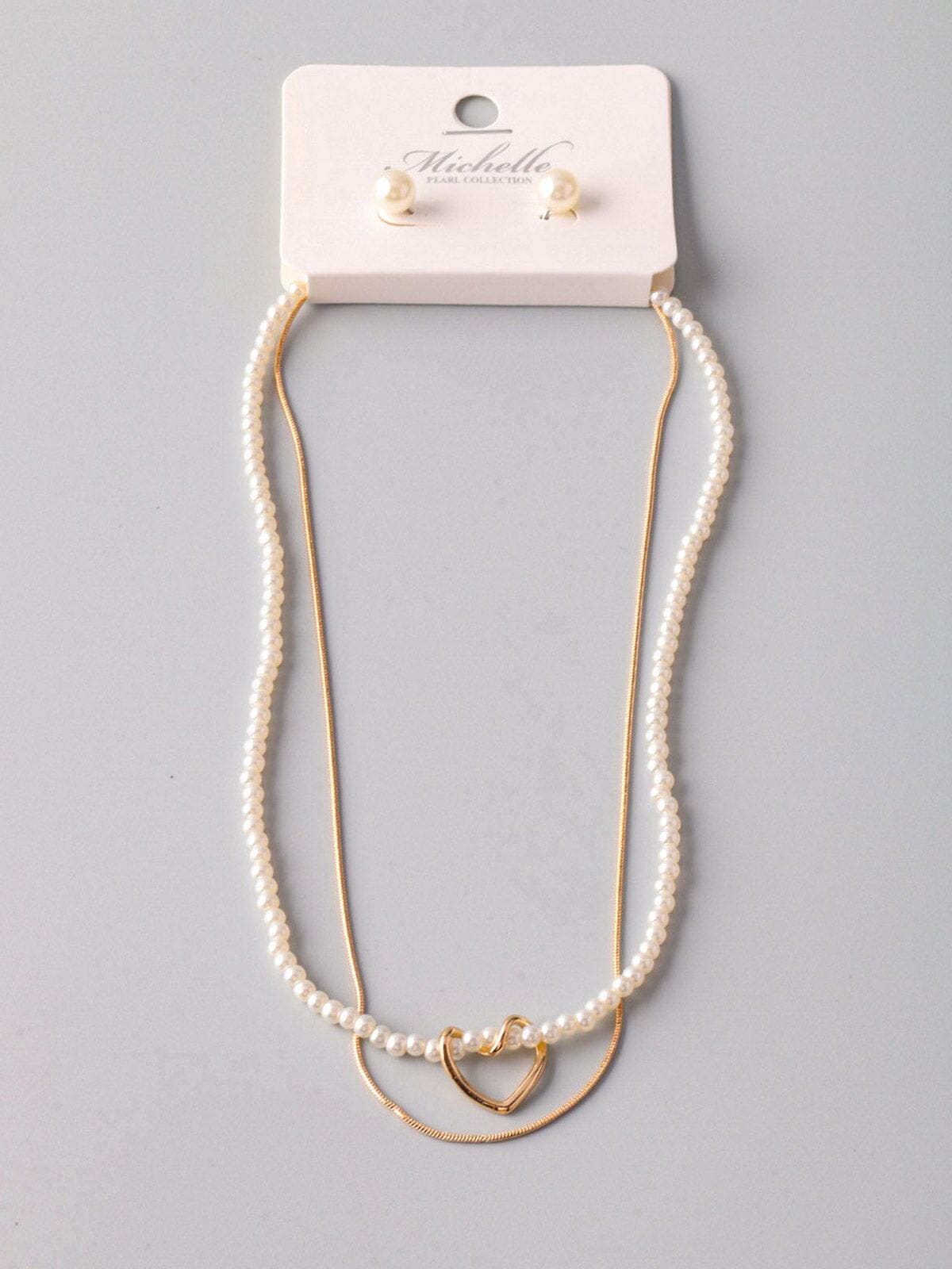 WOMEN'S GOLD PEARL & HEART EARRINGS & NECKLACE SET