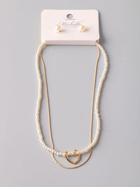 WOMEN'S GOLD PEARL & HEART EARRINGS & NECKLACE SET