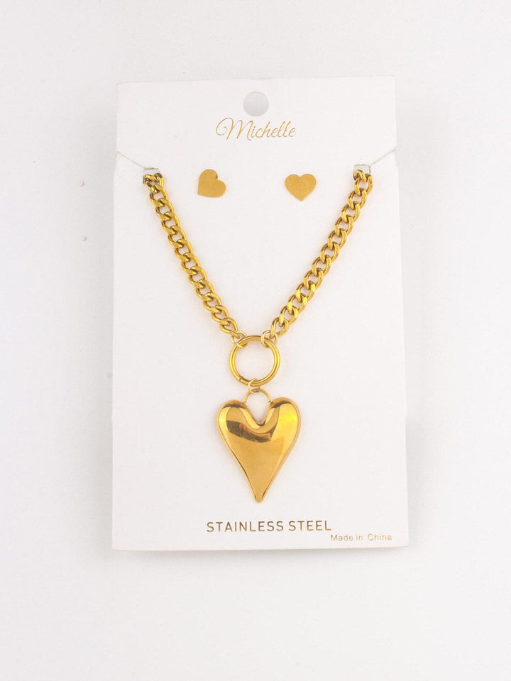 WOMEN'S STAINLESS STEAL HEART EARRINGS & NECKLACE SET