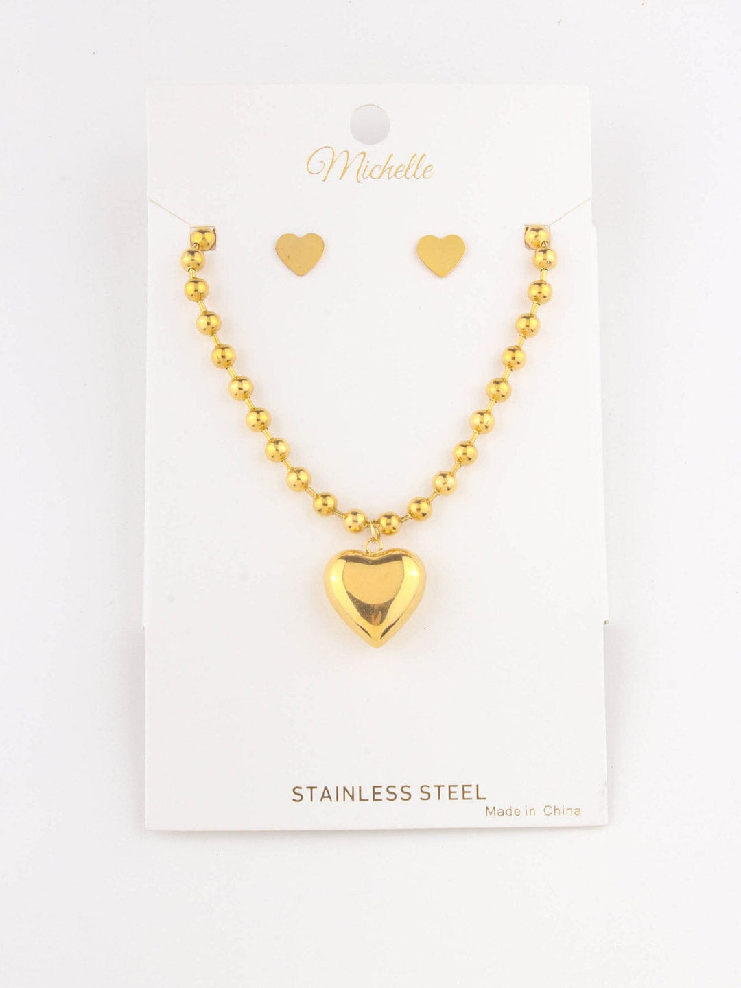 WOMEN'S STAINLESS STEEL HEART EARRINGS & NECKLACE SET