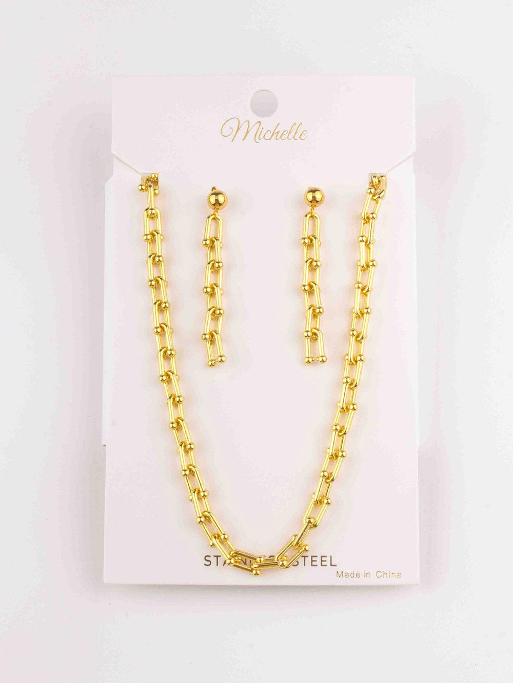 WOMEN'S GOLD STAINLESS STEEL EARRINGS & NECKLACE SET