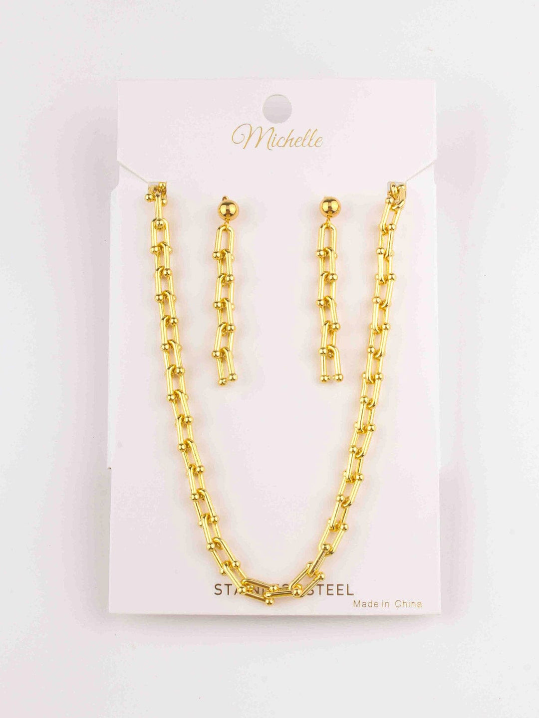 WOMEN'S GOLD STAINLESS STEEL EARRINGS & NECKLACE SET