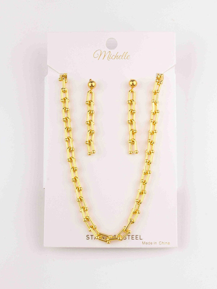 WOMEN'S GOLD STAINLESS STEEL EARRINGS & NECKLACE SET