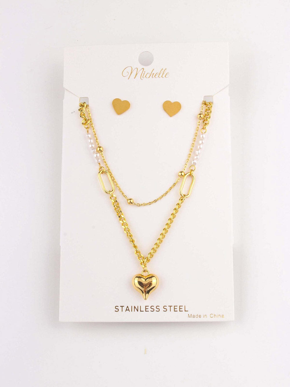 WOMEN'S STAINLESS STEAL HEART EARRINGS & NECKLACE SET