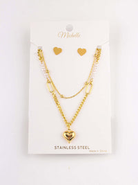 WOMEN'S STAINLESS STEAL HEART EARRINGS & NECKLACE SET