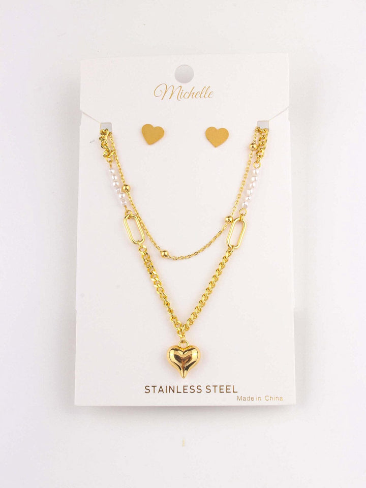 WOMEN'S STAINLESS STEAL HEART EARRINGS & NECKLACE SET
