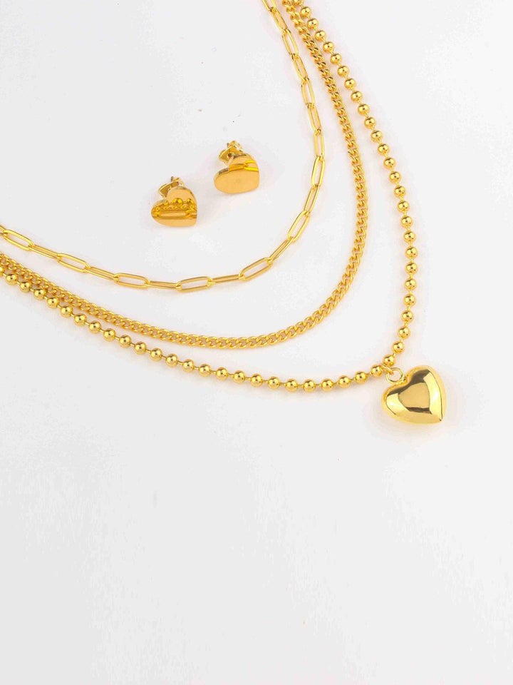 WOMEN'S GOLD STAINLESS STEEL HEART EARRINGS & NECKLACE SET
